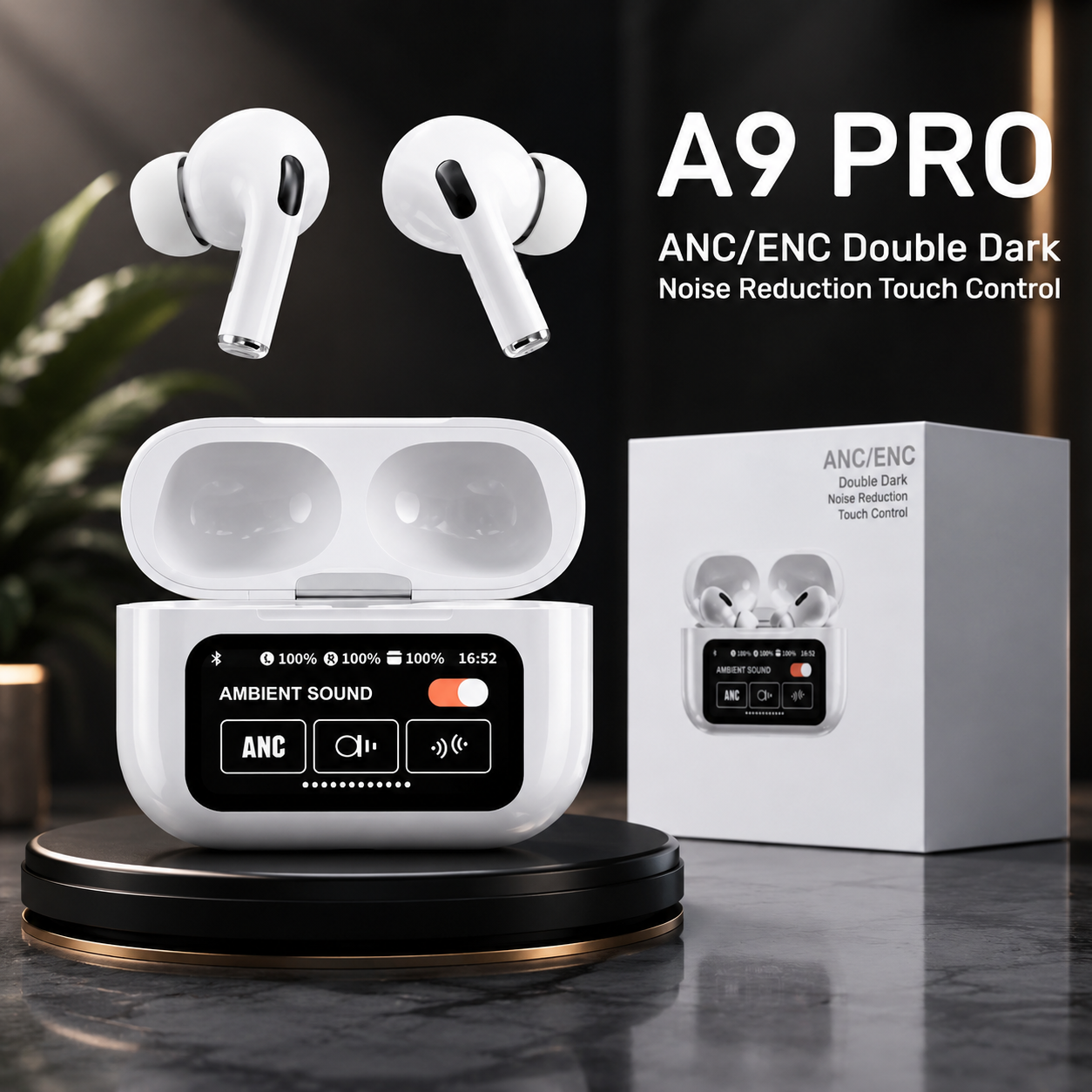 A9 Pro AirPods Smart Touchscreen Display ANC+ ENC Wireless Earbuds