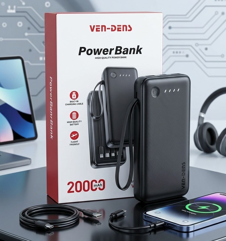 Ven‌ Dens 20000mAh Genuine Power Bank with Built-in Cable