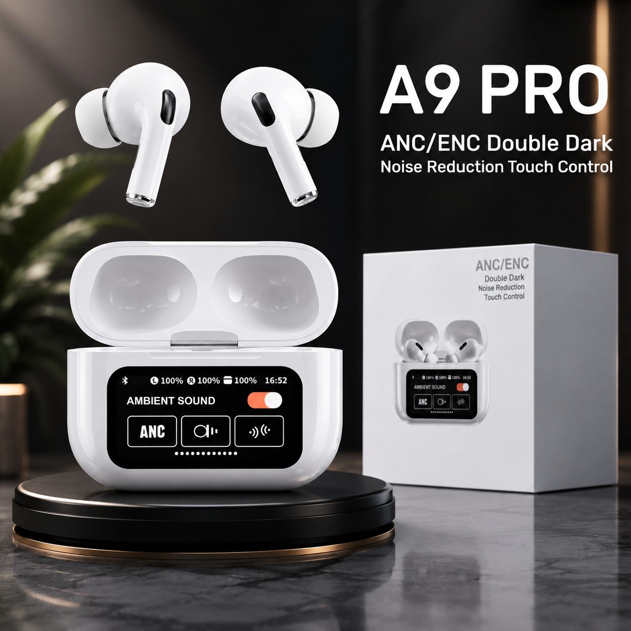 A9 Pro AirPods Smart Touchscreen Display ANC+ ENC Wireless Earbuds