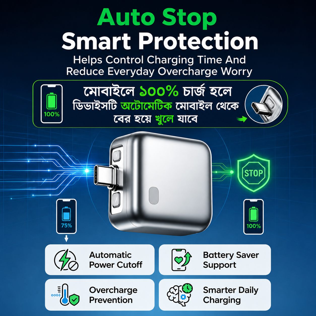Auto Stop Smart Charging Protector  Overcharge Protection Adapter