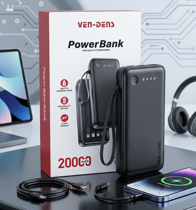 Ven‌ Dens 20000mAh Genuine Power Bank with Built-in Cable